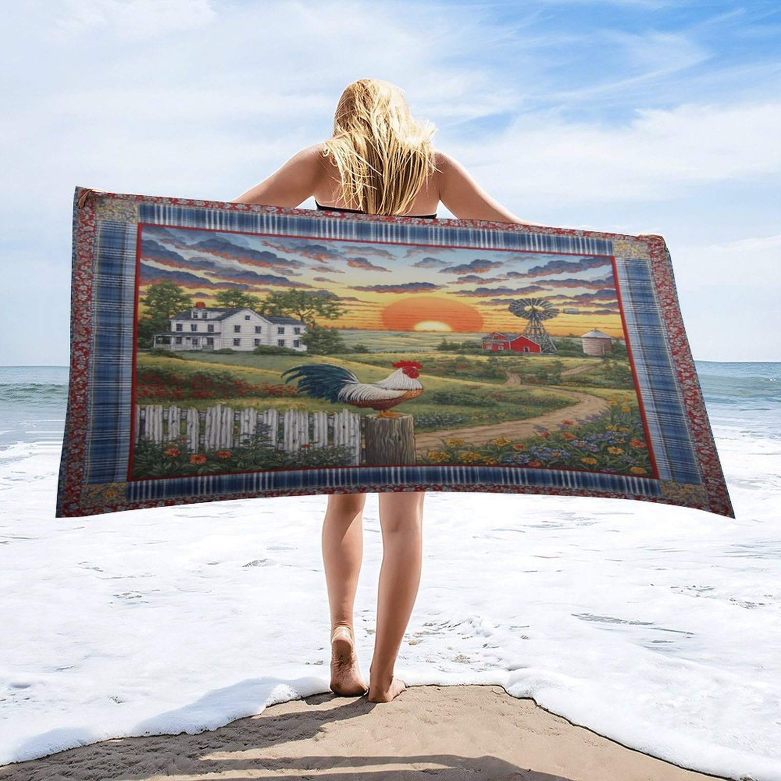Luyysky Classic Vintage Animal Rooster Quick-Drying Beach Towel, Rustic Watercolor Sunrise Farm Log Cabin Windmill Plant Floral Travel Vacation Single Sided Pile Bathroom Towels-80 W Cm X 160" L Cm