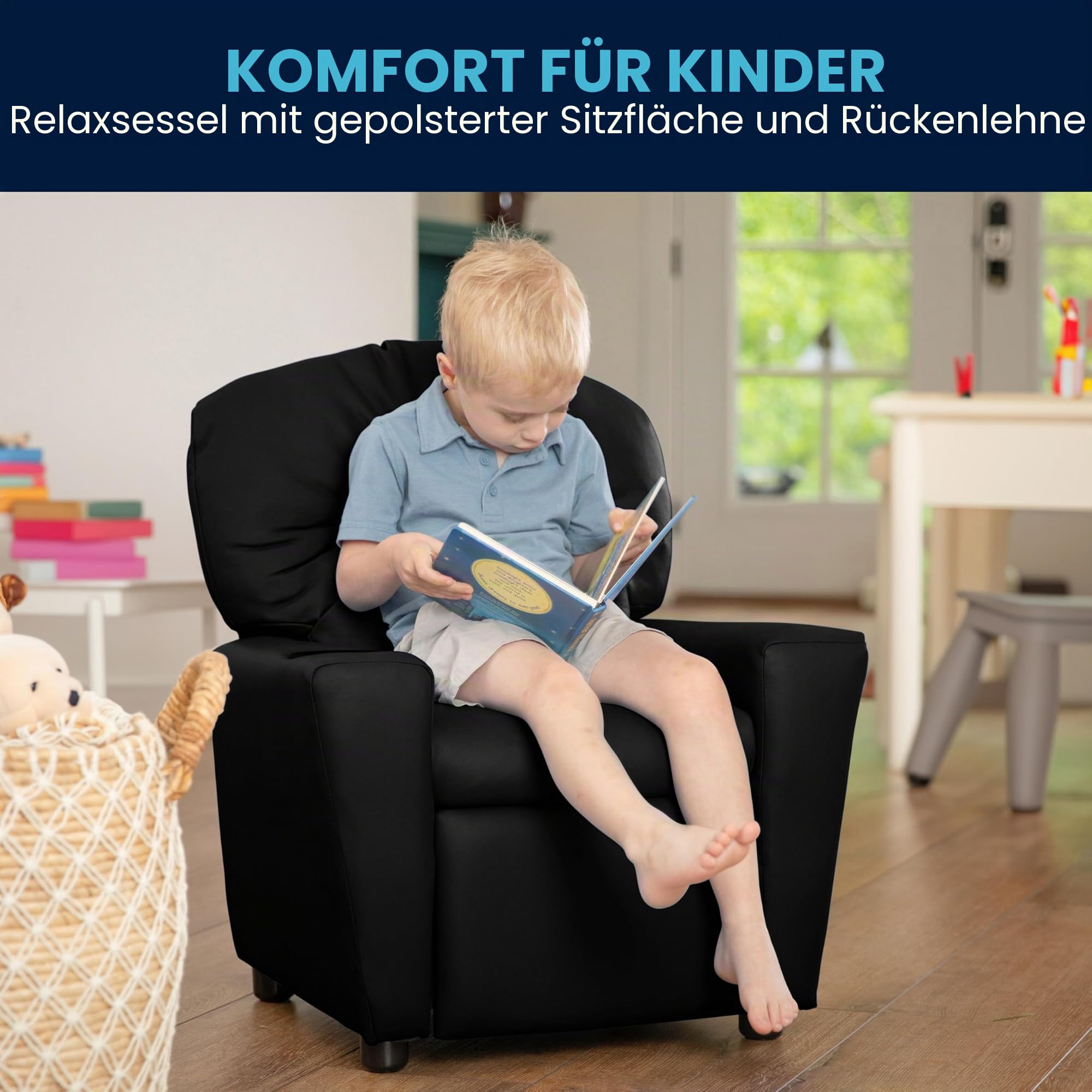 Flash Furniture Contemporary Kids Recliner with Cup Holder, Leather, Black LeatherSoft, Set of 1