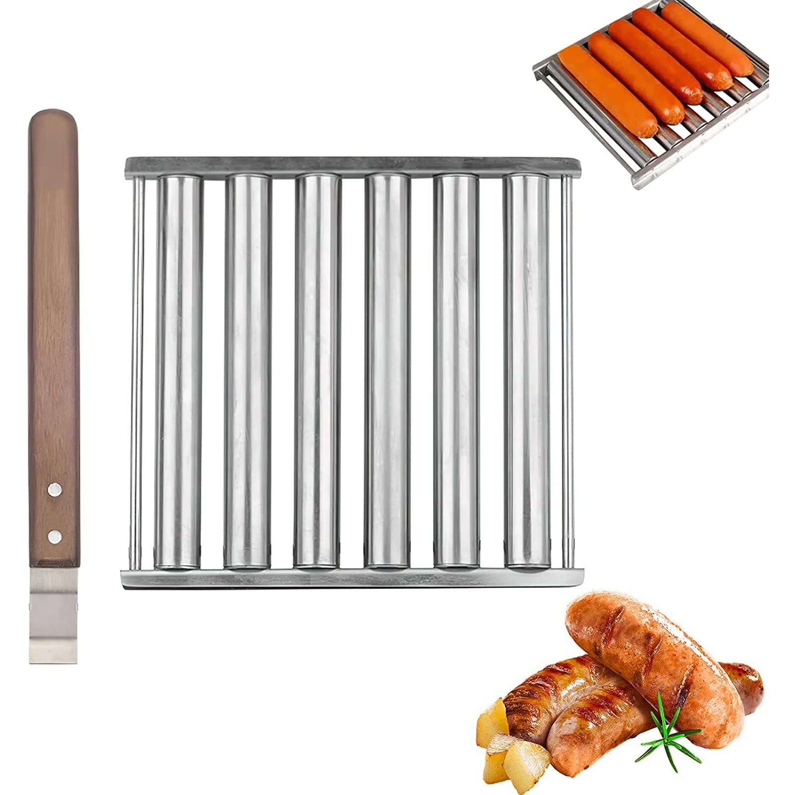 RULLO PER HOT Dog per Griglia Porta Hot Dog con Manico In Legno Extra