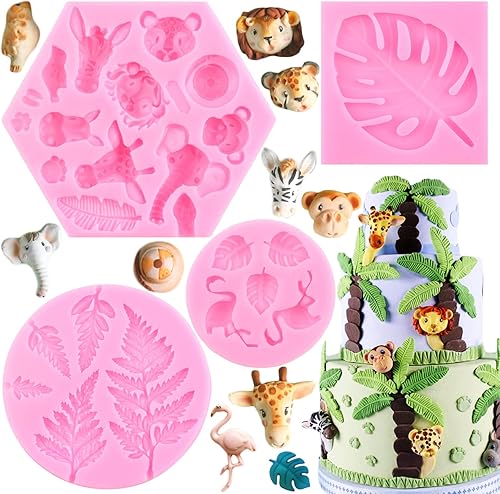 Mujiang Jungle Safari - Molde para fondant de animales de hoja tropical, hojas de helecho, moldes de flamenco para decoración de pasteles,