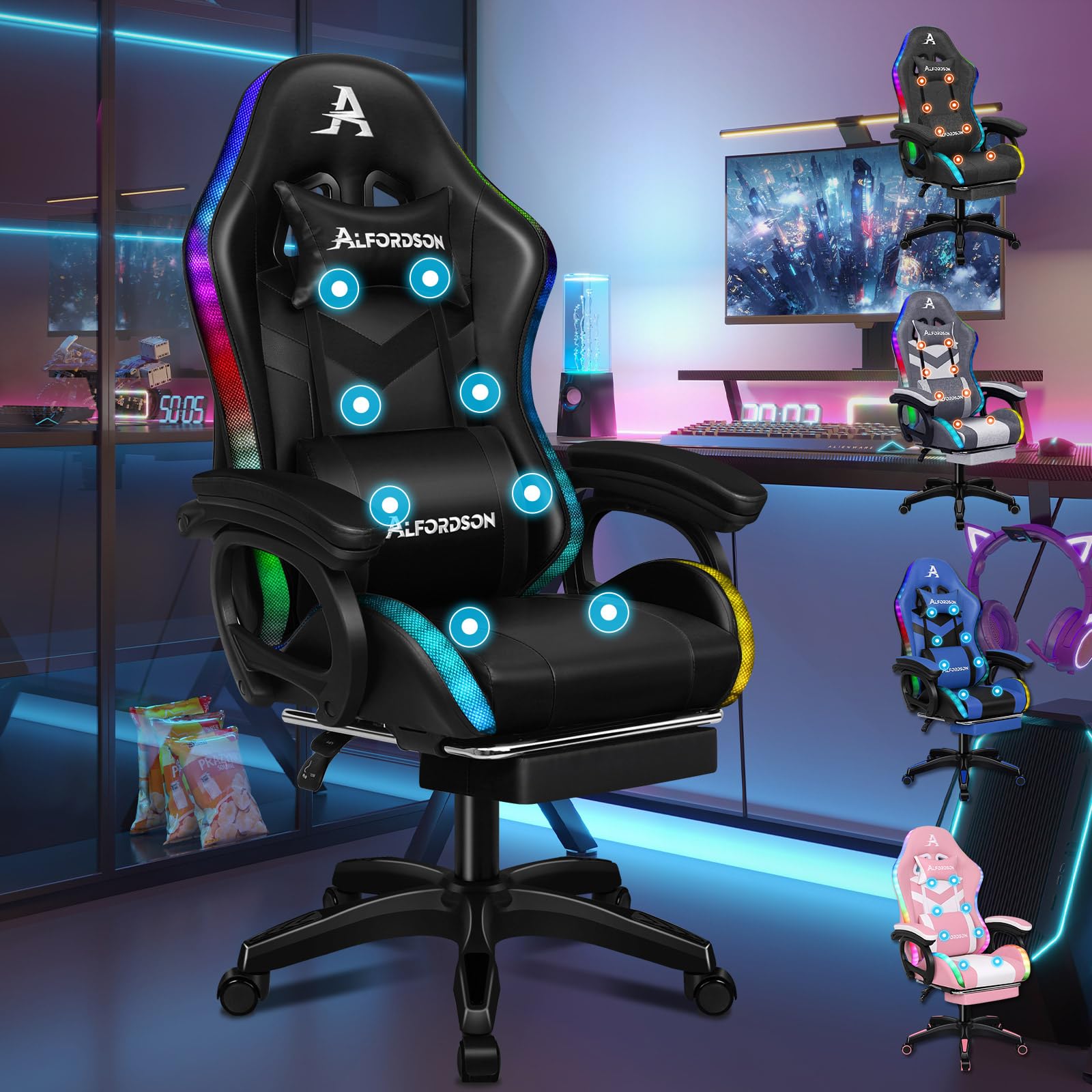ALFORDSON Silla Gaming Racing, Silla Gamer Masaje con Iluminación RGB de 12 LED de Color, Sillón Ergonómico con Soporte Lumbar, Tumbona con Reposapiés, Cuero PU, Negra