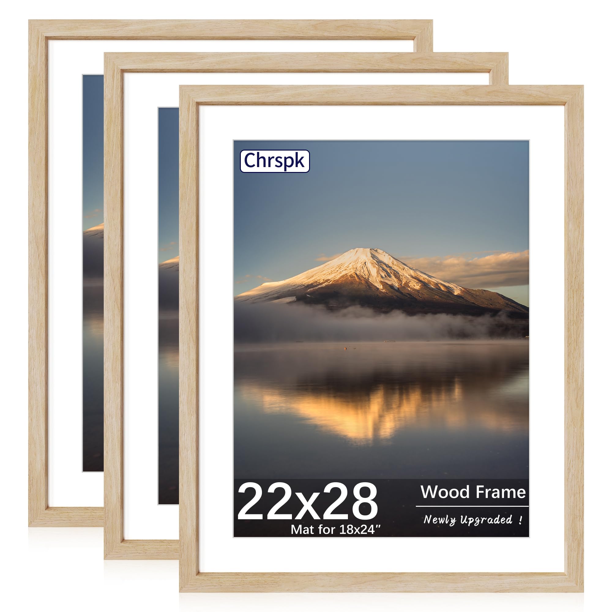 - 22X28 Poster Frame, Display Pictures 18X24 with Mat or 22X28 Without, Wall Hanging Frames, Natural Oak, 3 Pack