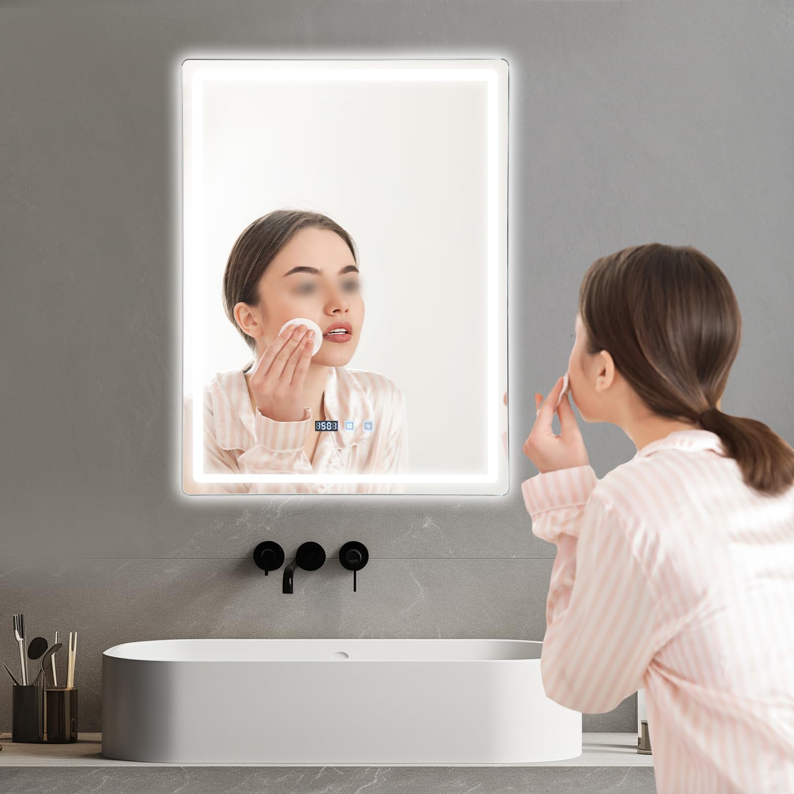 Espejo de baño LED, táctil, regulable, sin vaho, con iluminación de reloj, espejo de pared para baño, hotel, salón, uso