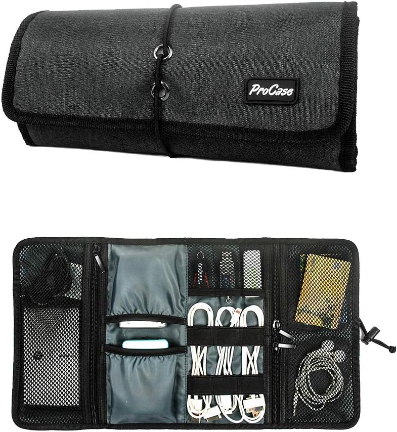 Electronic Organizer Cord Pouch, Travel Cable Charger Phone Accessories Bag Organizer Roll up Tech Carrying Case for USB Cables SD Memory Cards Earphone Flash Hard Drive –Black