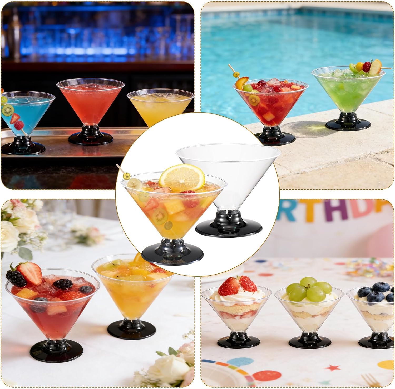 60Pcs Disposable Plastic Martini Glasses for Parties, 5 Oz Crystal Clear Cocktail Cups Pearl Cocktail Picks for Wedding Party Bowl Wine Ice Cream Fruit Bars Appetizers Food