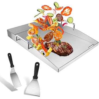 Stainless Steel Plancha 40 x 30 cm Grill Plate Set with 2 Grill Spatulas and 2 Removable Folding Handles and Grease Drain Hole 4 mm Thick Universal Grill Plate for BBQ Charcoal Grill Gas Grill