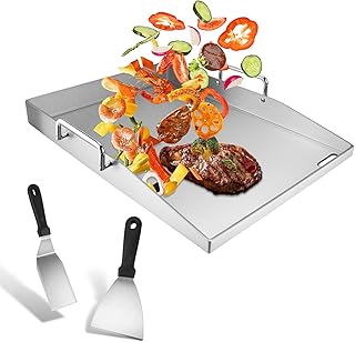 Plancha de acero inoxidable de 30 x 40 cm, plancha con espátula, juego de 2 asas extraíbles, 4 mm de grosor, plancha universal para barbacoa, parrilla de carbón y gas con drenaje de grasa