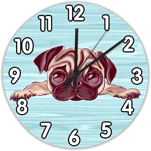 Reloj de pared de perro Pug, reloj de madera para amantes de los perros, 10 silenciosos, sin tictac, de cuarzo, funciona con pilas, para sala de