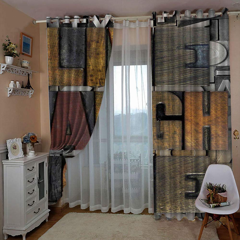 Rideaux Occultants Style Industriel Lettres Rideau à Oeillet Isolant Thermique Insonorisant Phonique Opaque Rideau de Fenêtre pour Chambre Salon, 2 Panneaux, 183x214cm