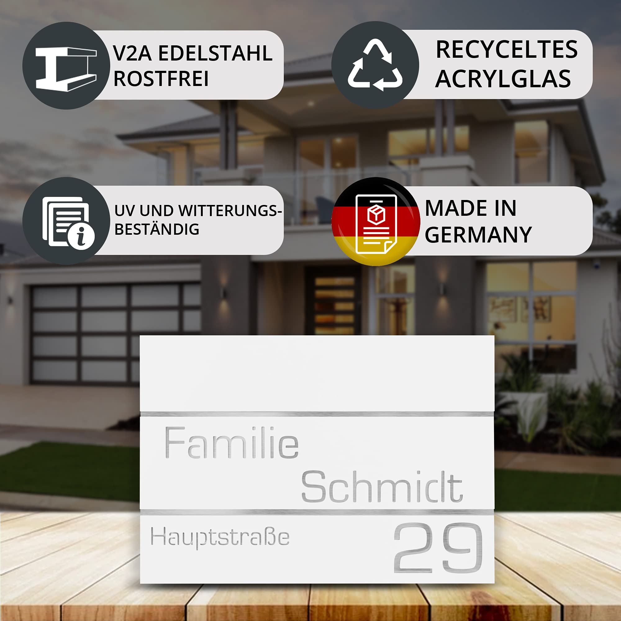Hausnummer aus V2A Edelstahl 215x150mm - Weiß - Rostfrei UV-beständig Individuell anpassbar Straße Nummer Familie Name - Made in Germany