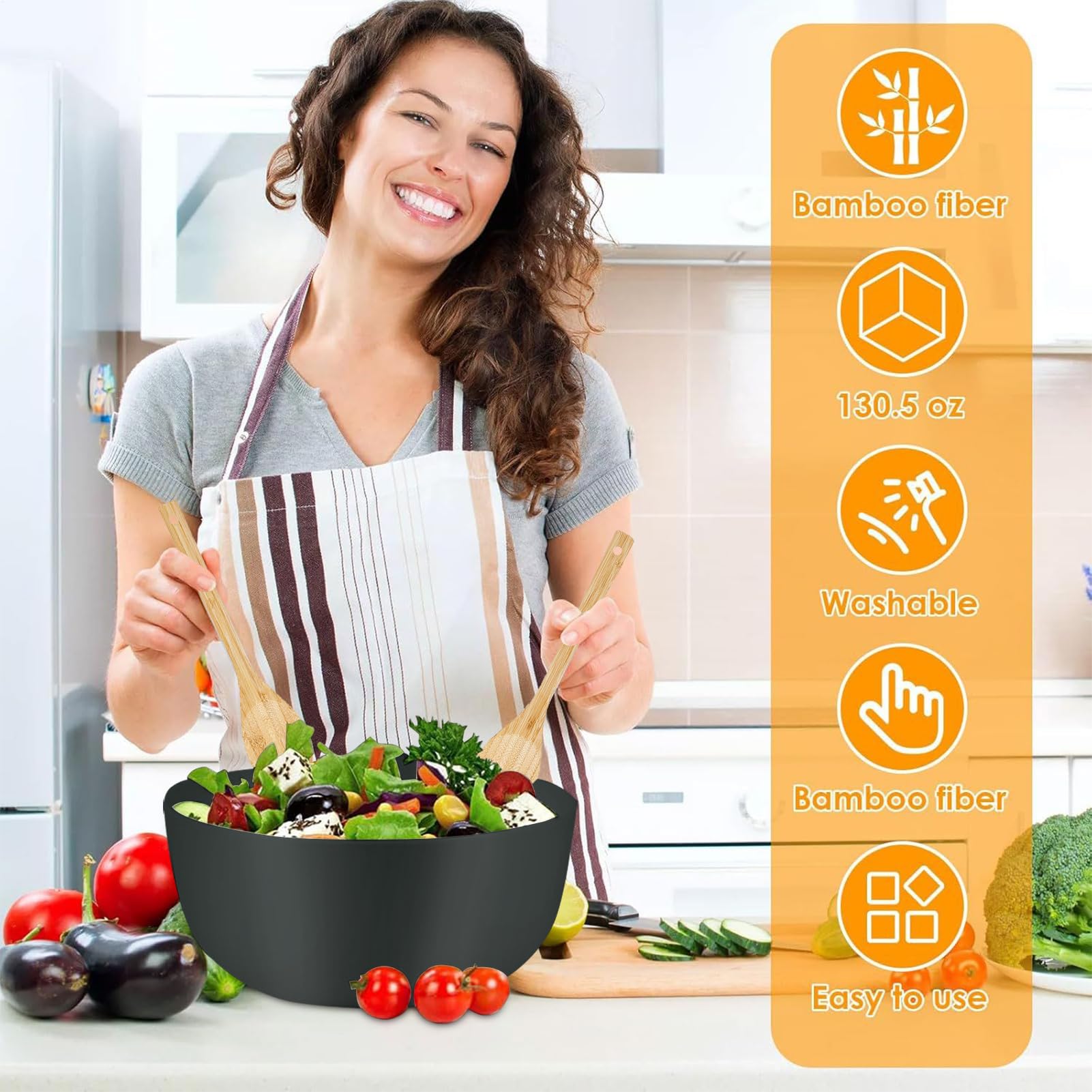 Bol Para Servir Ensaladas Ensaladeras De Madera Vajilla Cuchara Tenedor | Boles Grandes para Ensaladas y Comer Para Frutas Verduras Aperitivos Almuerzo Cena Preparar Mezclar Cocinar Cereales