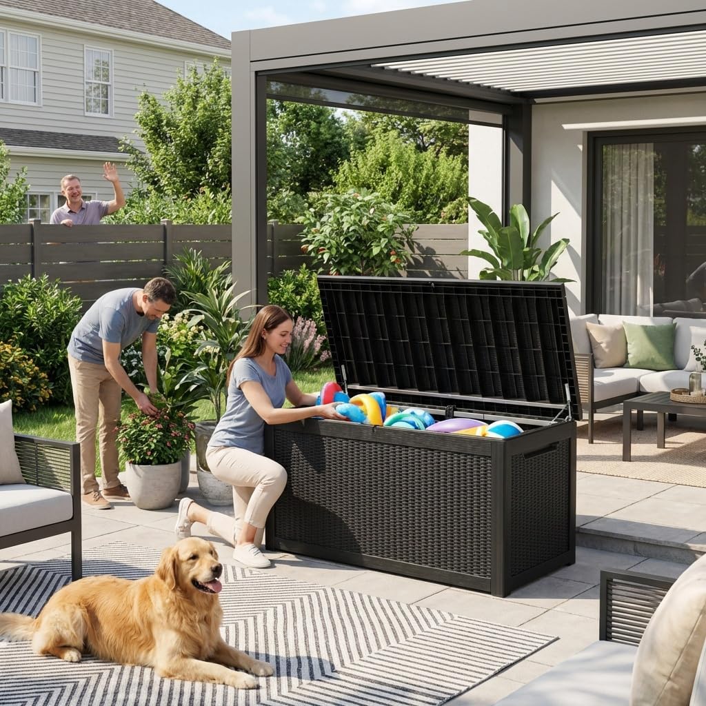 320 Gallon Resin Deck Box, Waterproof Outdoor Storage Bin for Patio Furniture, Pool Accessories, and Garden Tools, Lockable & UV-Resistant, Black