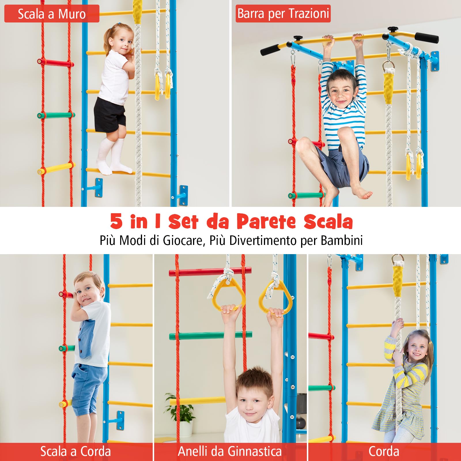 COSTWAY Set di Sbarre per Bambini, Spalliera in Acciaio da Parete per Interni, Sbarra per Trazioni, Scala a Corda, Corda e Anelli da Ginnastica per Bambini dai 3 Anni in su, 107 x 83 x 223 cm