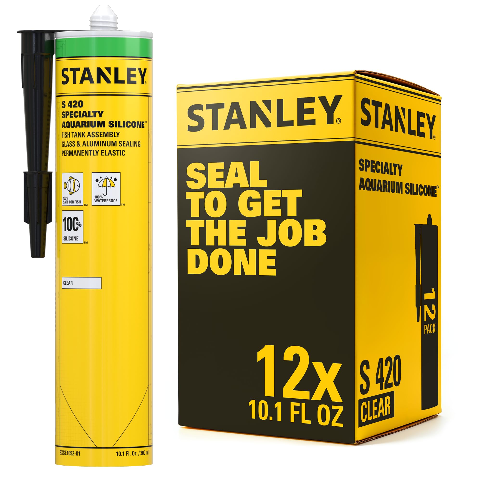 Stanley S 420 Aquarium Silicone Sealant Clear - 12x10.1 Fl. Oz. Fish Tank Safe, Waterproof Bond to Glass, High Elasticity, Non-Toxic Aquarium Sealer for Freshwater & Saltwater | 12 Pack