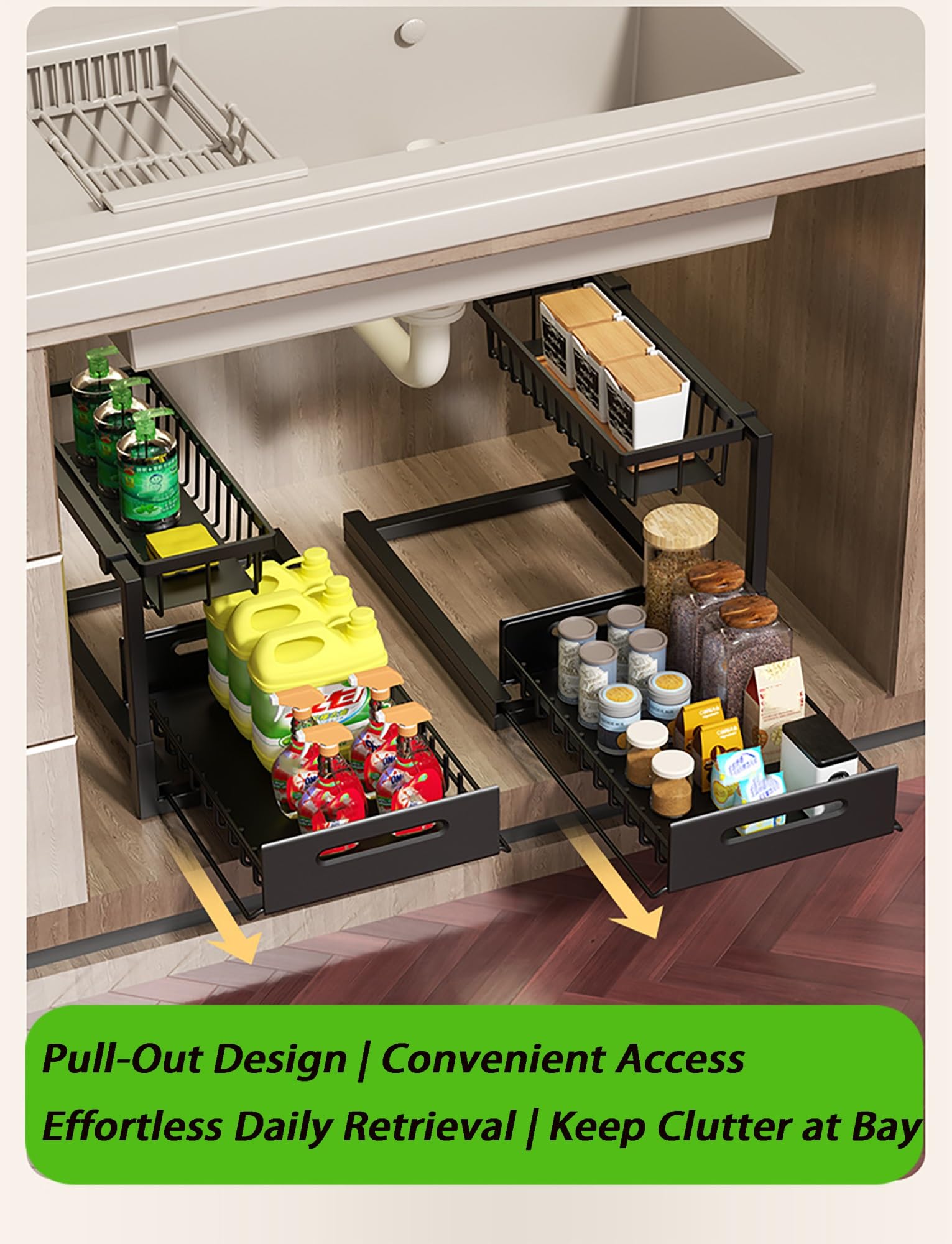 Generico Organizzatore for armadietto estraibile a forma di L a 2 livelli, ripiano for cassetto estraibile for mobiletto del bagno della cucina, scaffale salvaspazio sotto(Black)