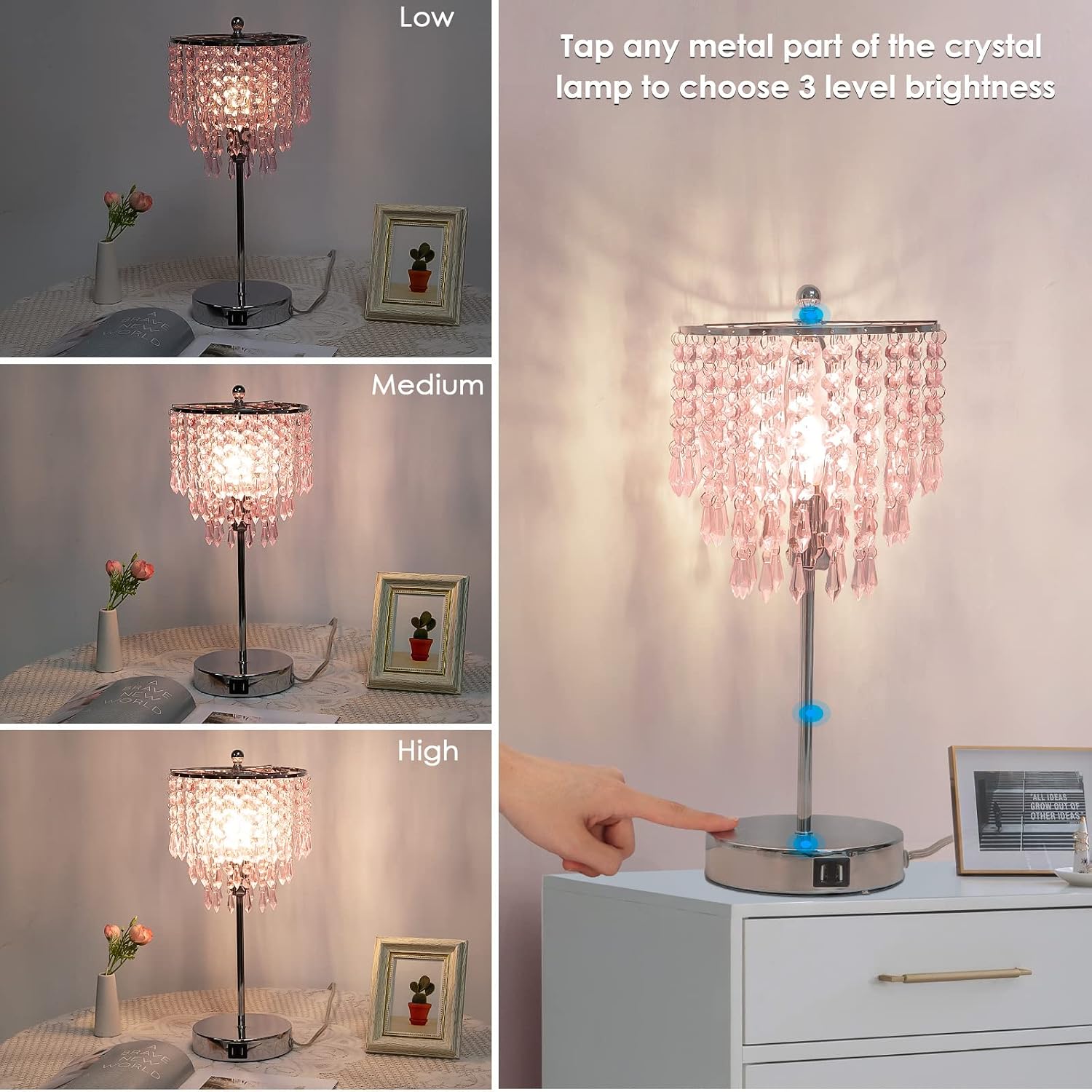 Crystal Touch Control Table Lamp with Dual USB Charging Ports, 3 Way Dimmable Bedside Lamp with Pink Shade, Decorative Nightstand Lamp for Girls Bedroom, Living Room, Office, B11 LED Bulb Included