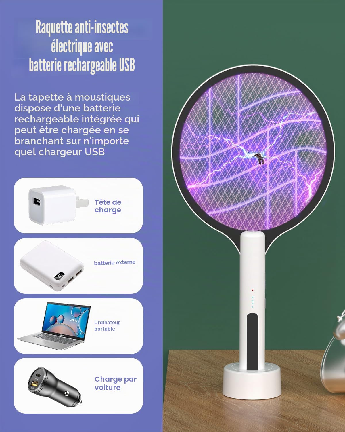 DEEZEE Raquette à mouches électrique 4500V rechargeable 2 en 1 portable tueur de moustiques violet 3 couches de sécurité