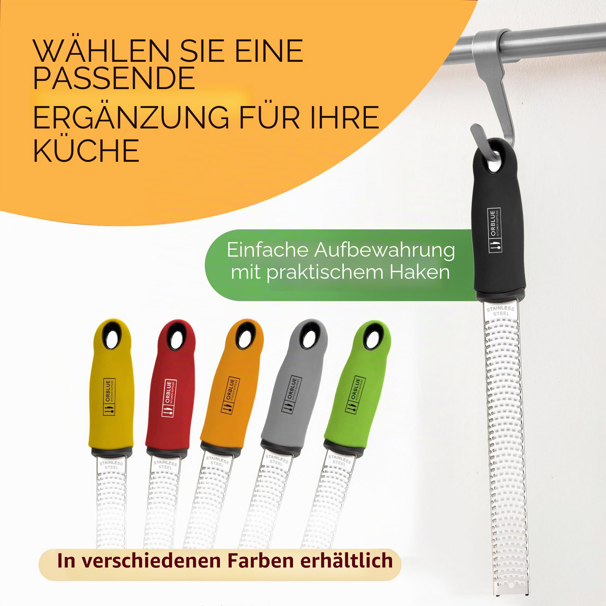 ORBLUE Käsereibe Zitronenreibe Zester Reibe Fein Parmesanreibe Handreibe Rasiermesserscharfe Premium Edelstahl Reibeoberfläche- für Hartkäse - Ingwerreibe