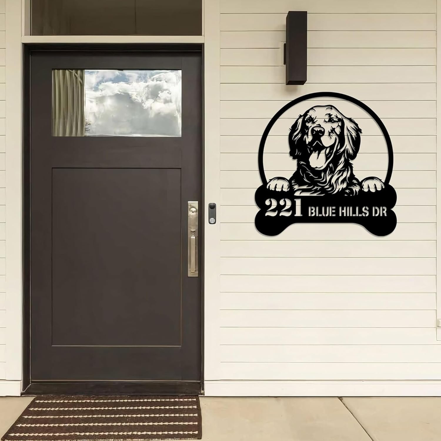 Personalized Golden Retriever Address Sign Dog House Number Metal Address Plaque Door Hanger, Custom Metal Wall Decor, Metal Outdoor Sign, Metal Wall Art, Housewarming Gift