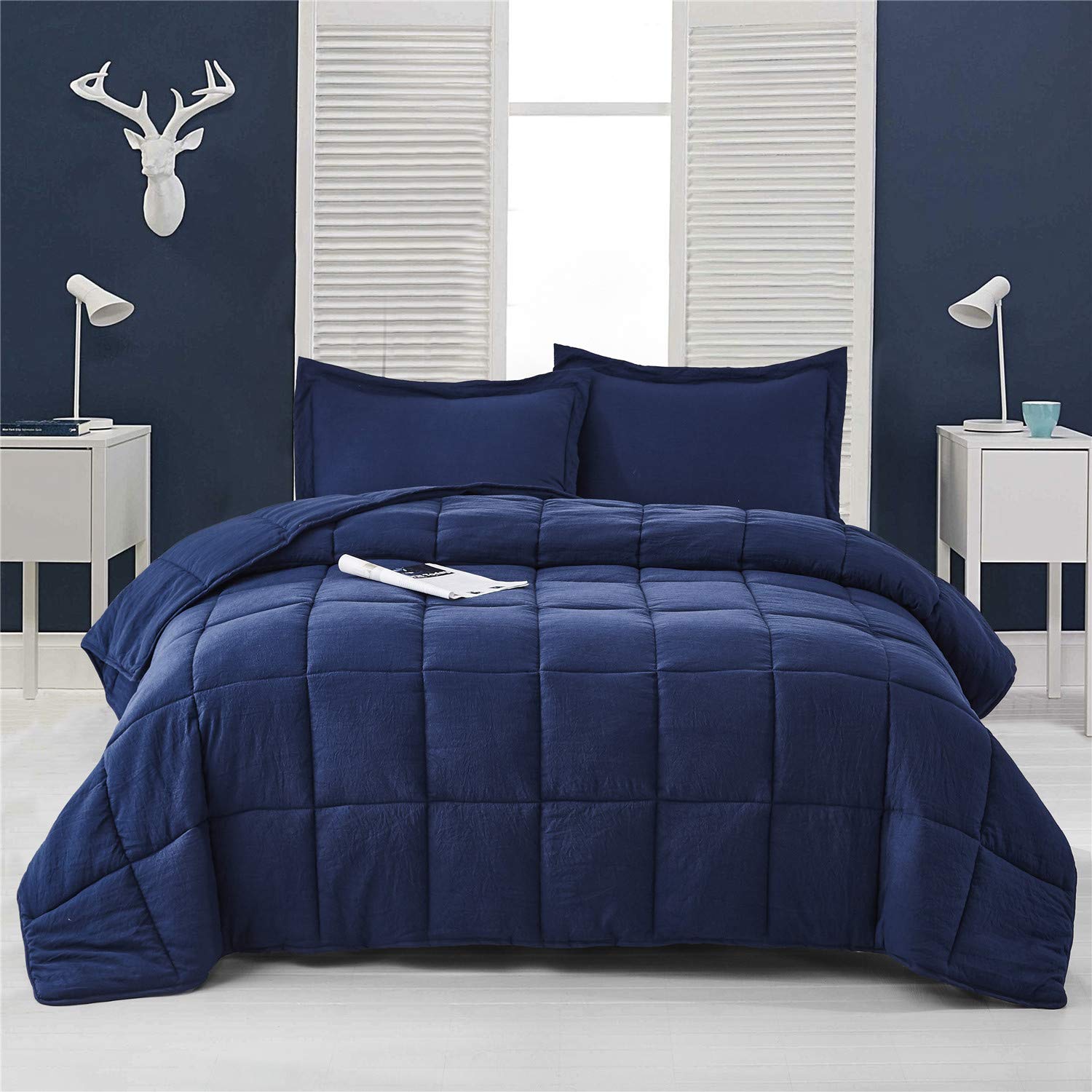 HIG 3pc Prewashed All Season Down Alternative Comforter Duvet Insert -Quilted Comforter with Corner Tabs -Box Stitched -250GSM Fiberfill Chic Farmhouse Style Bedding(SALOMON,Queen,Navy)