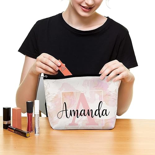 Miniatura 5 de Bolsa de maquillaje personalizada del alfabeto A-Z, con monograma floral, bolsa de cosméticos con nombre personalizado, bolsa de maquillaje pequeña