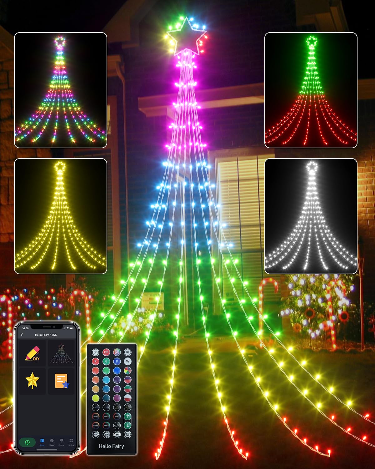 3.6M Outdoor Weihnachten Vorhang Lichter, 64 Modi Smart Wasserfall Lichterkette mit Farbwechsel, Musiksynchronisation, Timer & App-Steuerung, wasserdichte Sternenlichter für Garten, Terrasse,