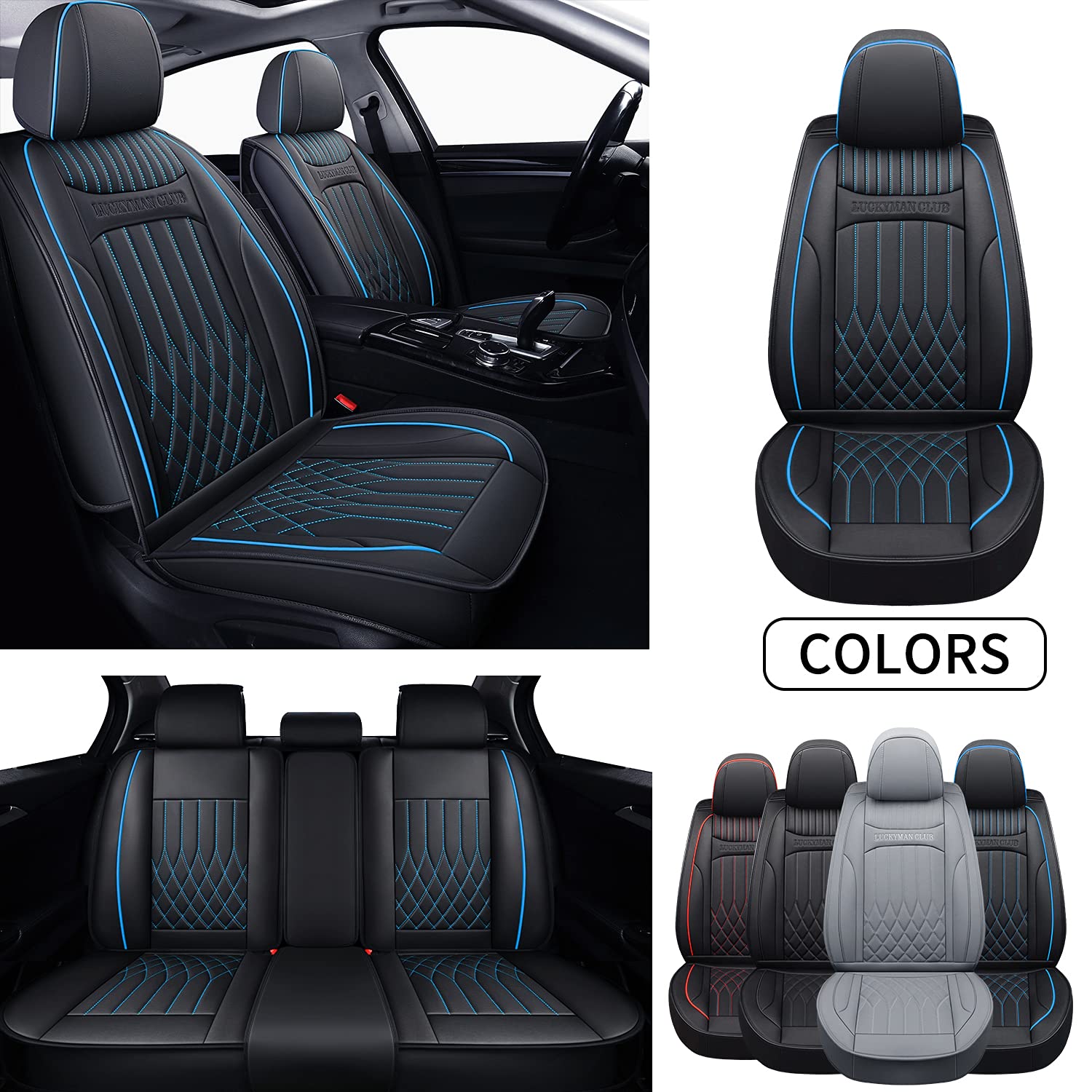 LUCKYMAN CLUB J01-LH Universal Car Seat Covers Full Set, Fit for Most Sedan SUV Truck Hatchback Like RAV4 CR-V Rogue Equinox Sentra Accord Forester Outlander (Full Set, Black/Blue )
