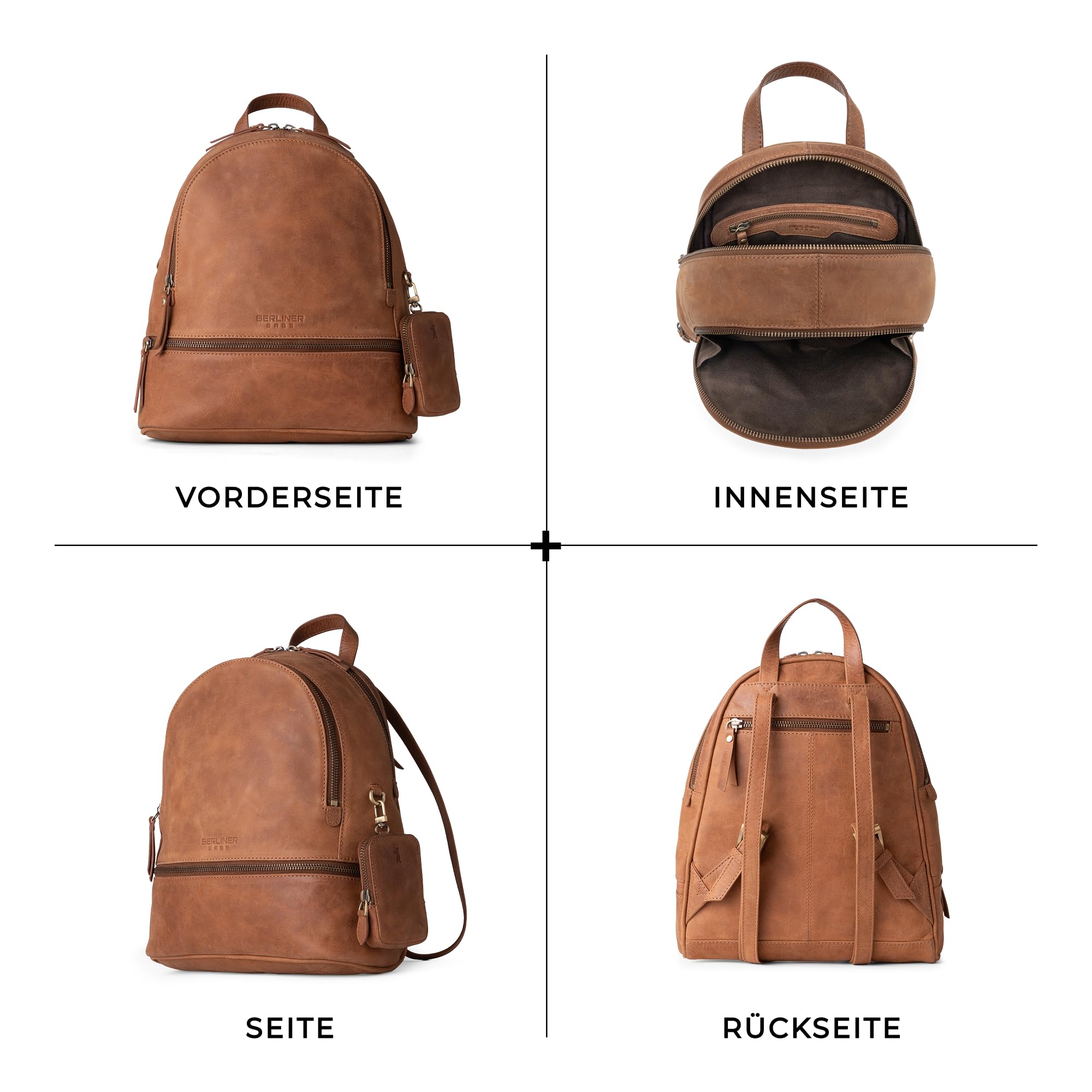 Berliner Bags Vintage Rucksack Florence, Kleine Tagesrucksack, Cityrucksack aus Leder wasserabweisend für Damen - Braun