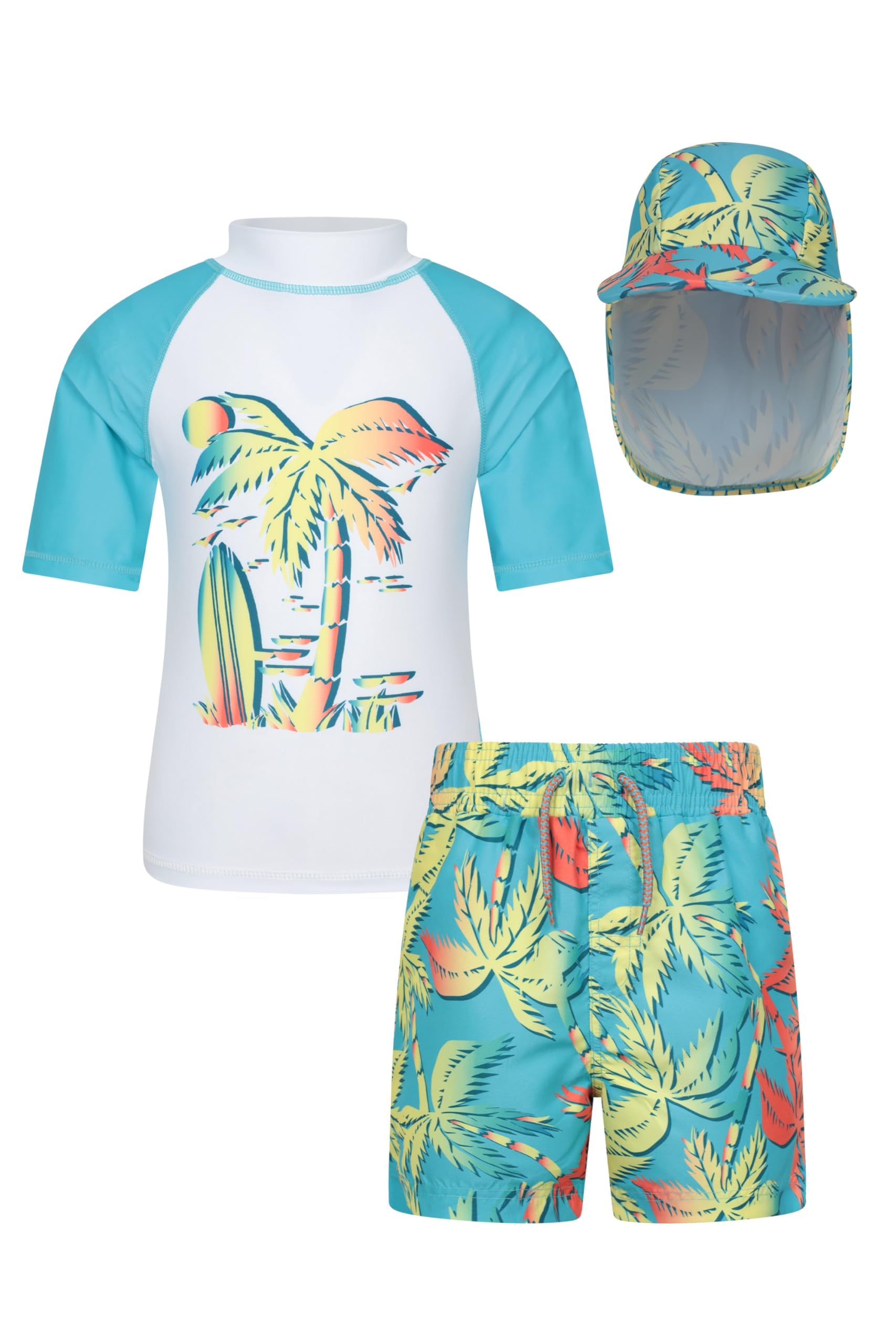 Mountain Warehouse Kids Rash Vest & Short Set with Hat - UPF50+ Sun Protection Rash Guard, Girls & Boys, Fast Dry Childrens Top - Summer Beach, Swim, Dive, Water Sports Blue Kids Size 5-6 Years