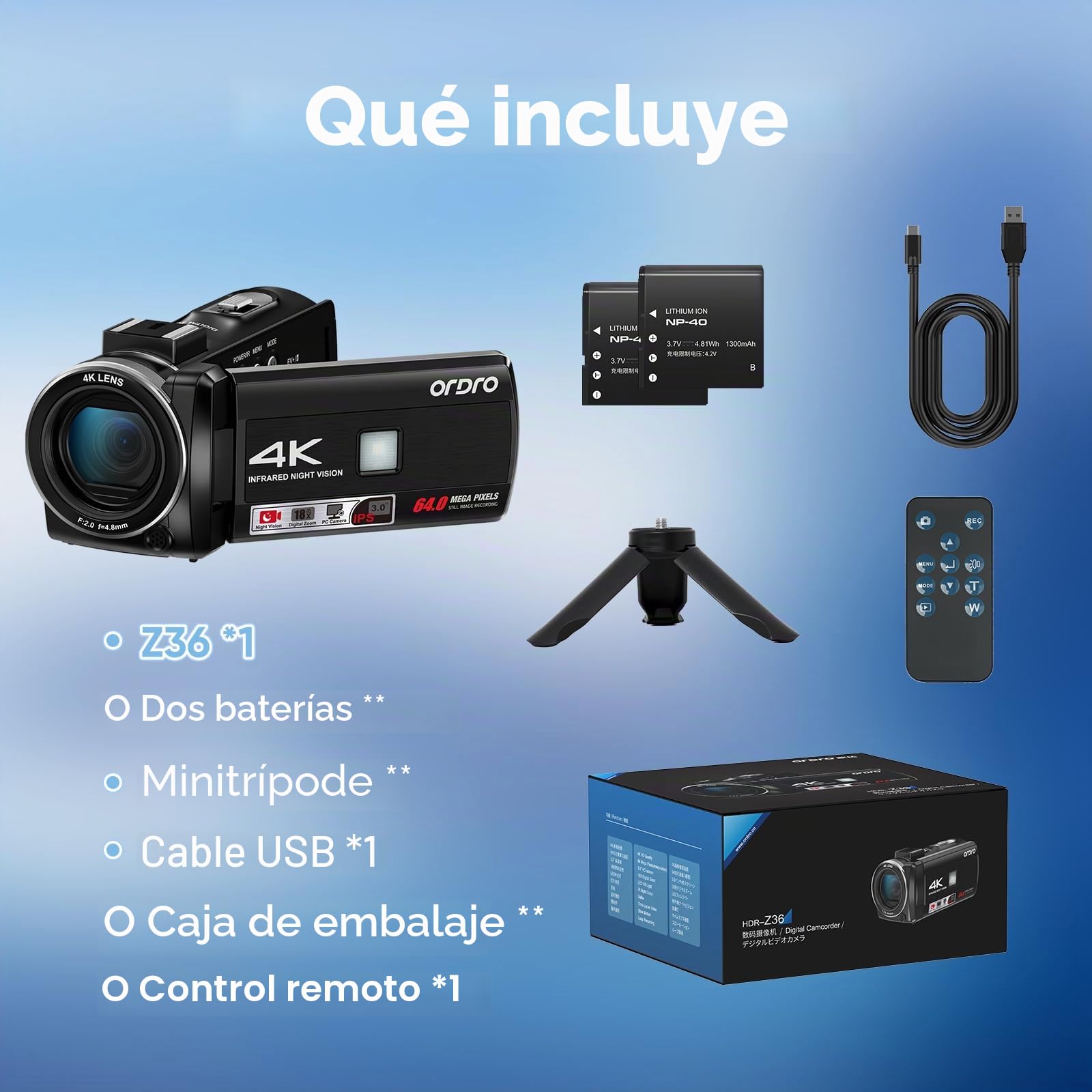 ORDRO Cámara de Vídeo 4K, Videocámara 64MP Vlogging con Zoom Digital 18X, Visión Nocturna IR, Luz de Relleno LED, Pantalla 3.0" 270°, Kit para Youtube con Trípode y 2 Baterías