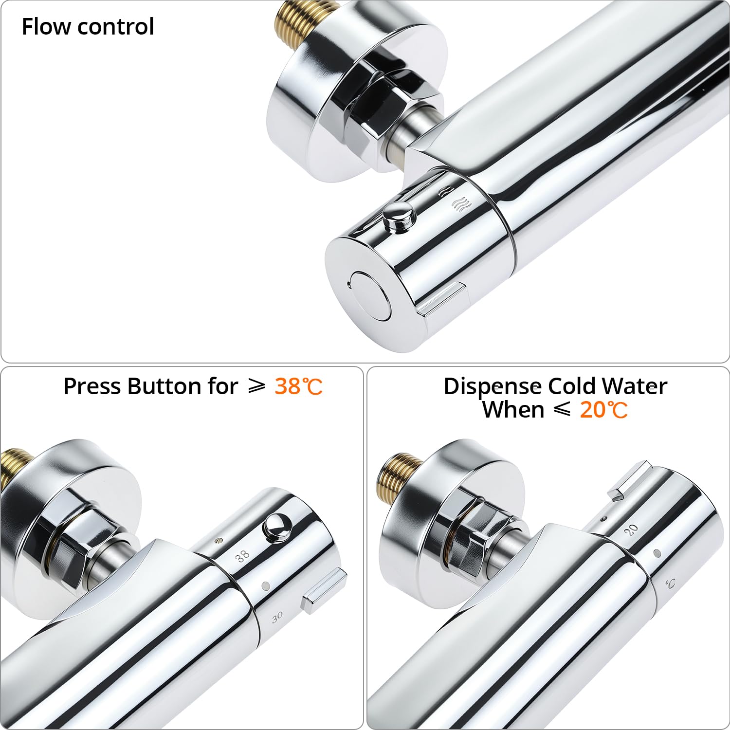 QWORK® Grifo Ducha Termostático de Latón con Válvula Antiquemaduras y Ahorro de Agua, Acabado Starlight