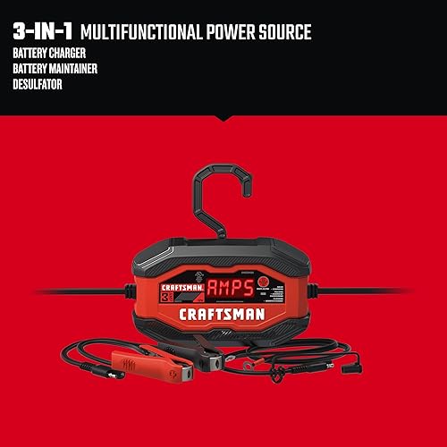Miniatura 3 de CRAFTSMAN Cargador y mantenedor de batería, CMXCESM260, 3 en 1, totalmente automático, 3 amperios, 12 voltios, para baterías de motocicleta,