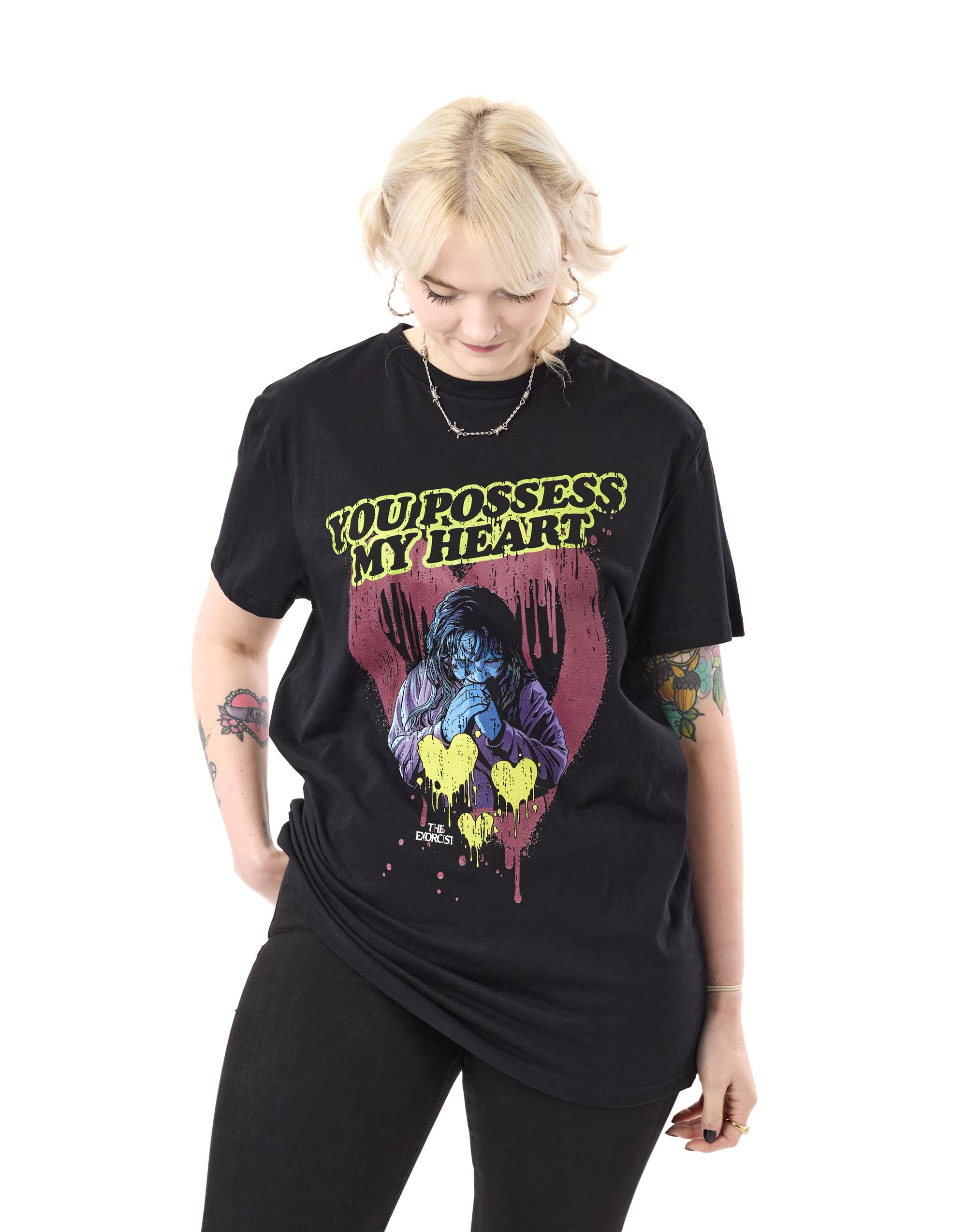 The Exorcist Unisex Black Short Sleeved T-Shirt | Possess My Heart Graphic Tee | Horror Movie Lover Apparel | Demon Exorcism Top | Creepy Occult Clothing for Men and Women