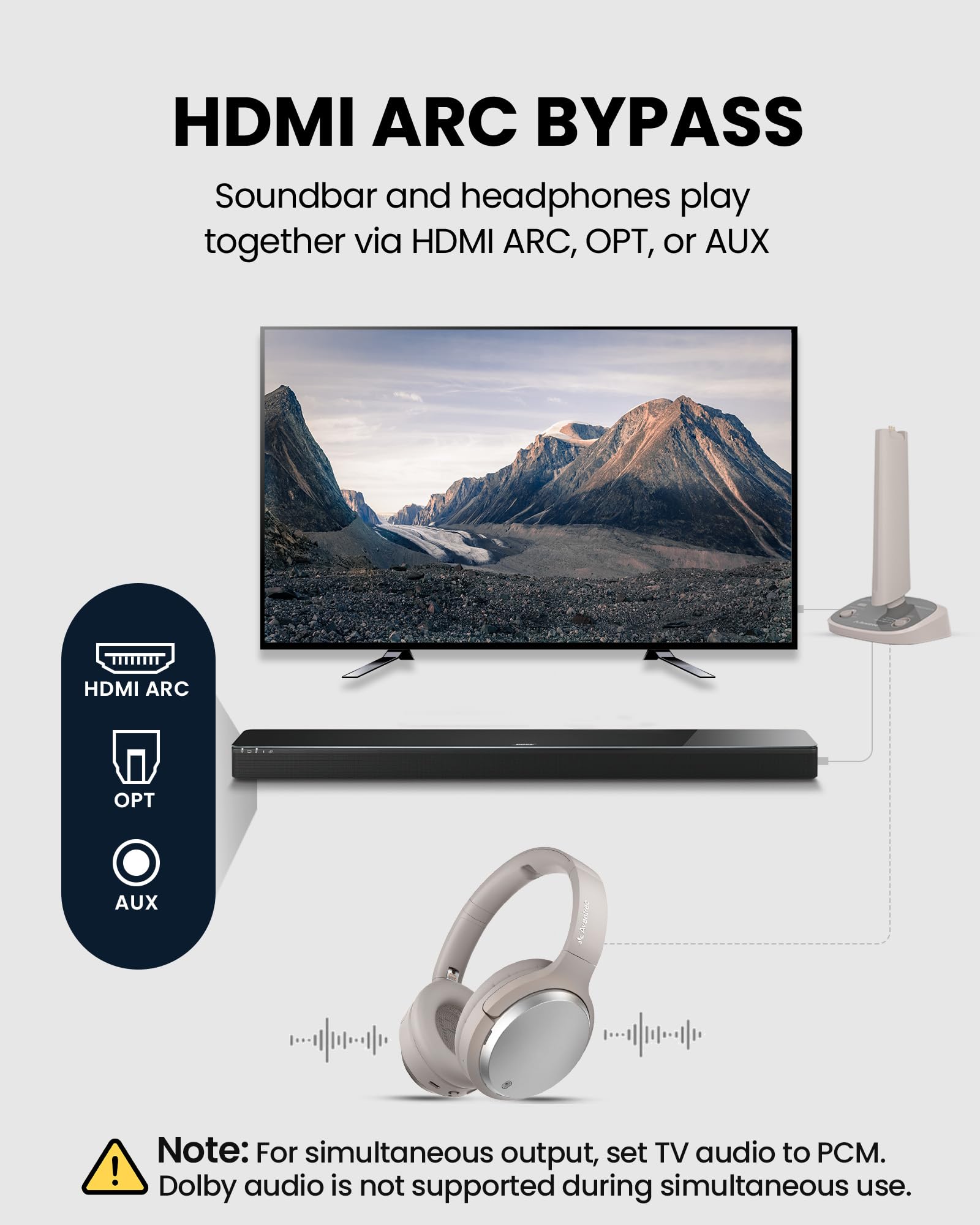 Avantree Crescendo 3D – 3D Surround Sound Funkkopfhörer Kabellos TV Fernseher, Cinema Modus, Transmitter-Ladestation mit HDMI ARC Passthrough für Soundbar, 60 Std. Laufzeit, Austauschbarer Akku | Clear Dialogue, Soundbar Passthrough, 60H Spielzeit, austau
