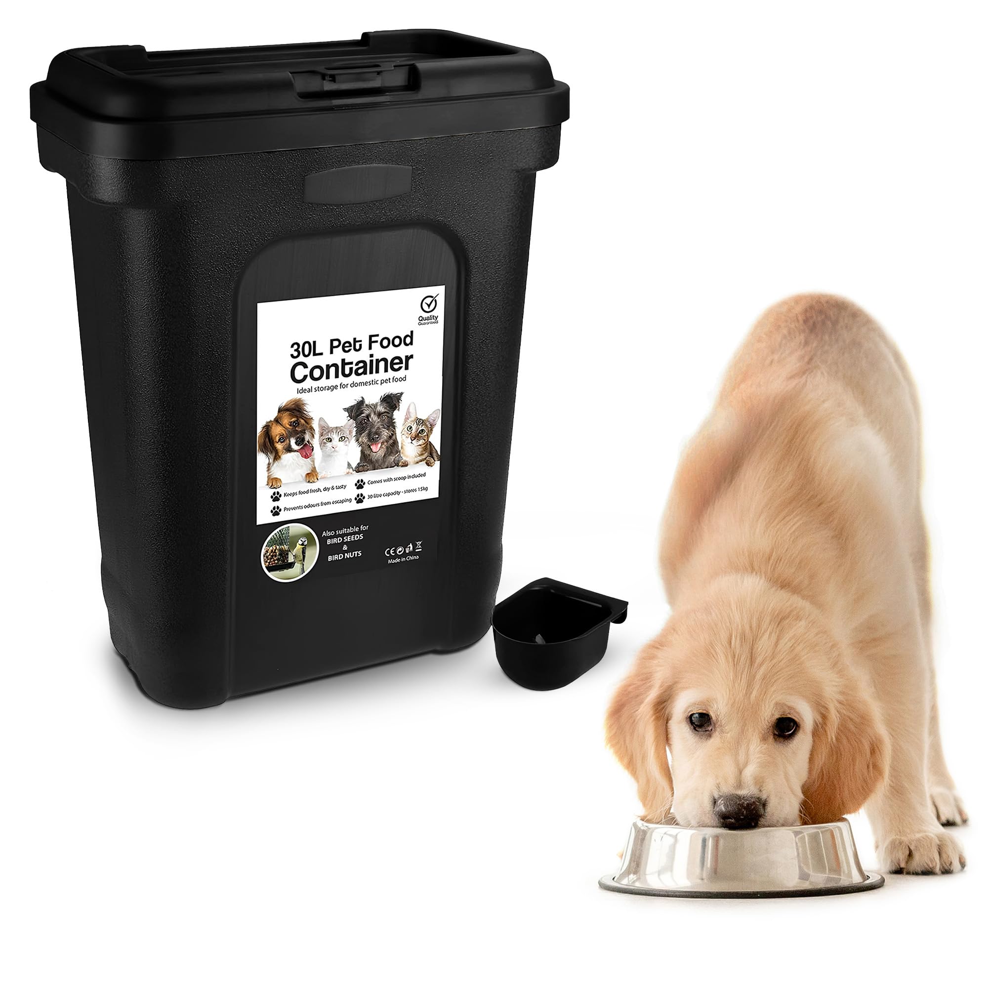 ASAB Pet Food Storage Container Large 30L/15kg Plastic Food Storage Container With Integrated Food Scoop and Flip Top Locking System Perfect for Dog Treats Dog Food and Kitten Food (Black - Large)