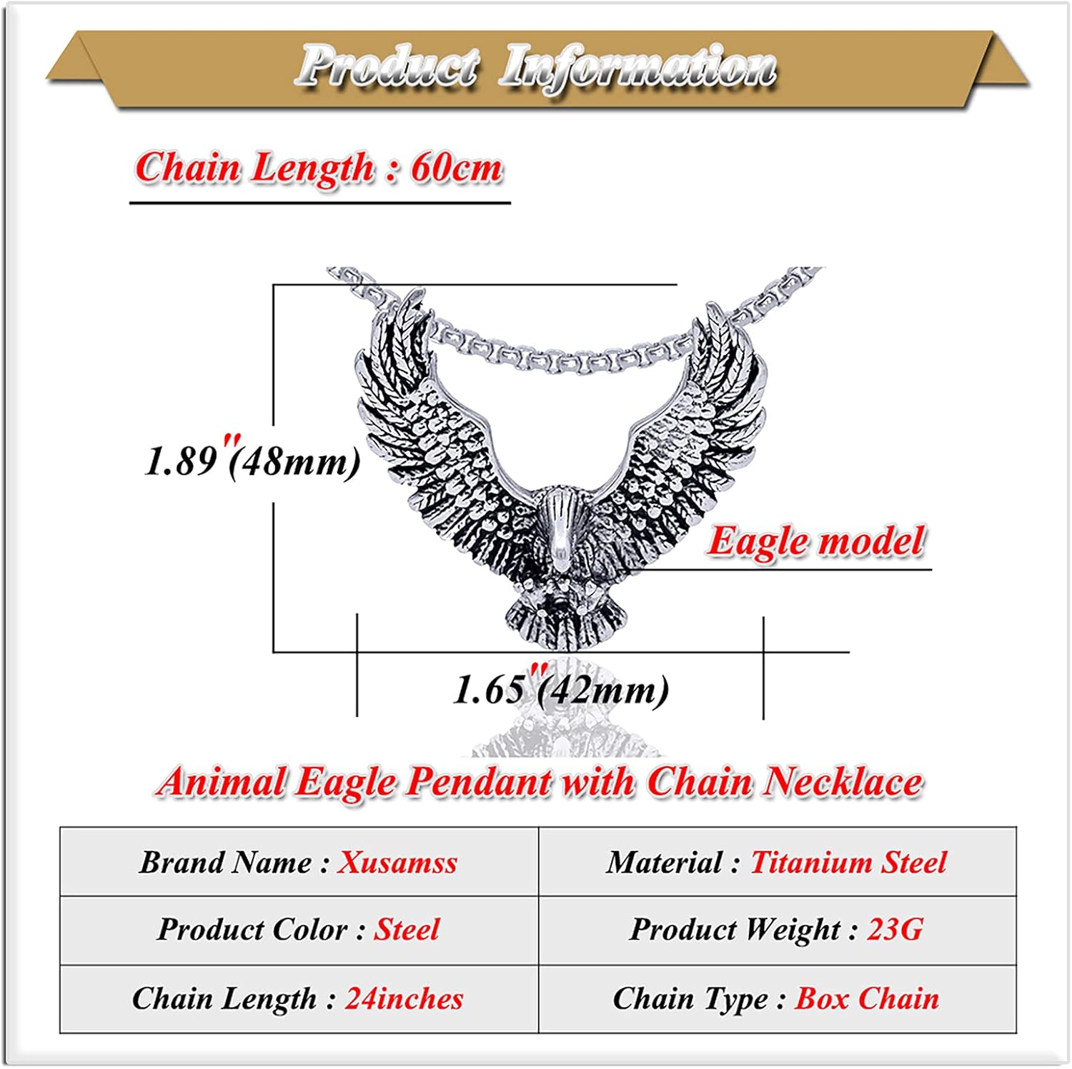 Xusamss Punk Rock Titanium Steel Wings Eagle Pendant Necklace,24inhes Link Chain - Image 2