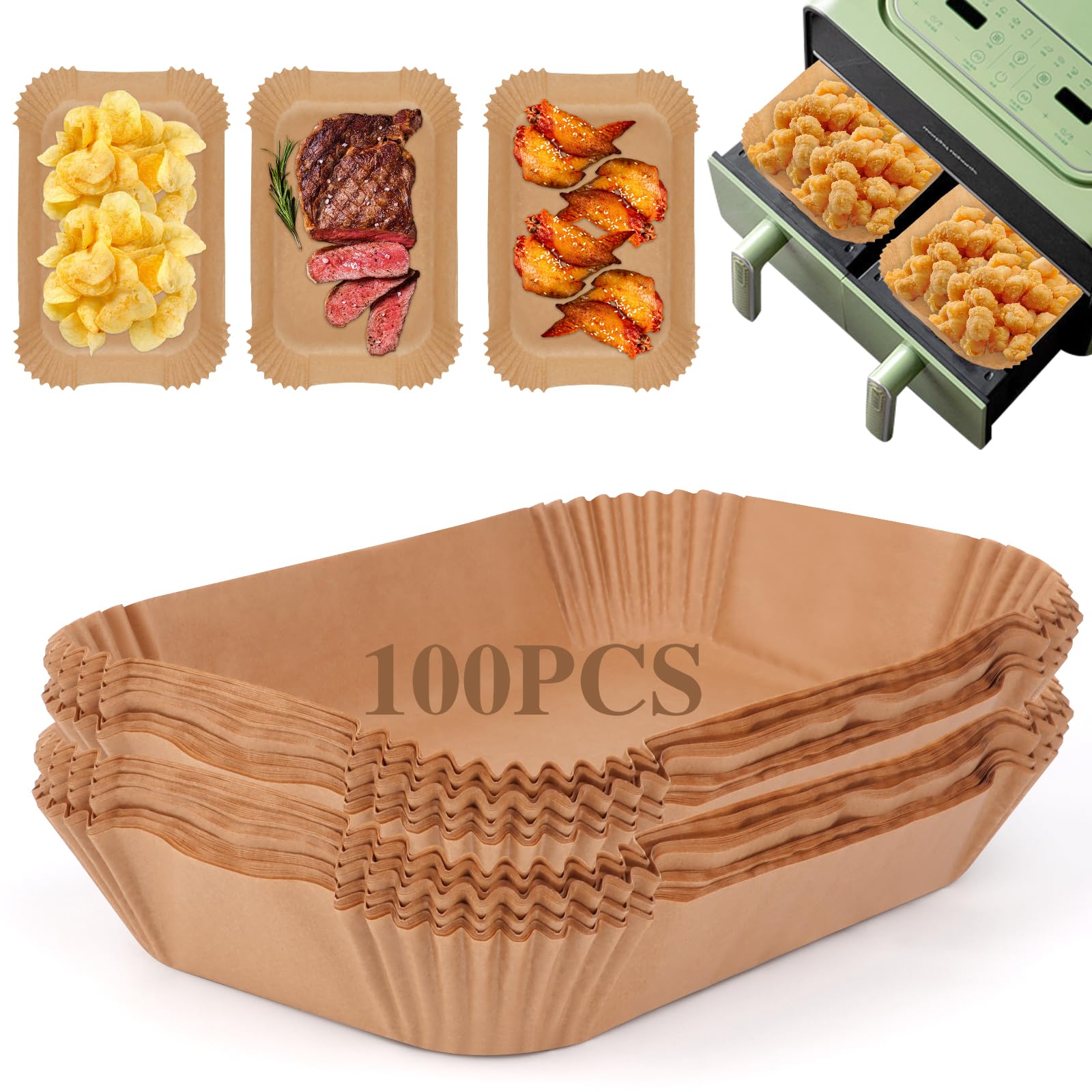 VFANDV Papel Freidora Aire, 100 Piezas 22 x 14 cm Papel para Freidora de Aire Food-Grade BPA free Compatible con Cecotec/Masterpro/Ninja AF300EU/ AF400EU Doble Air Fryer Accesori