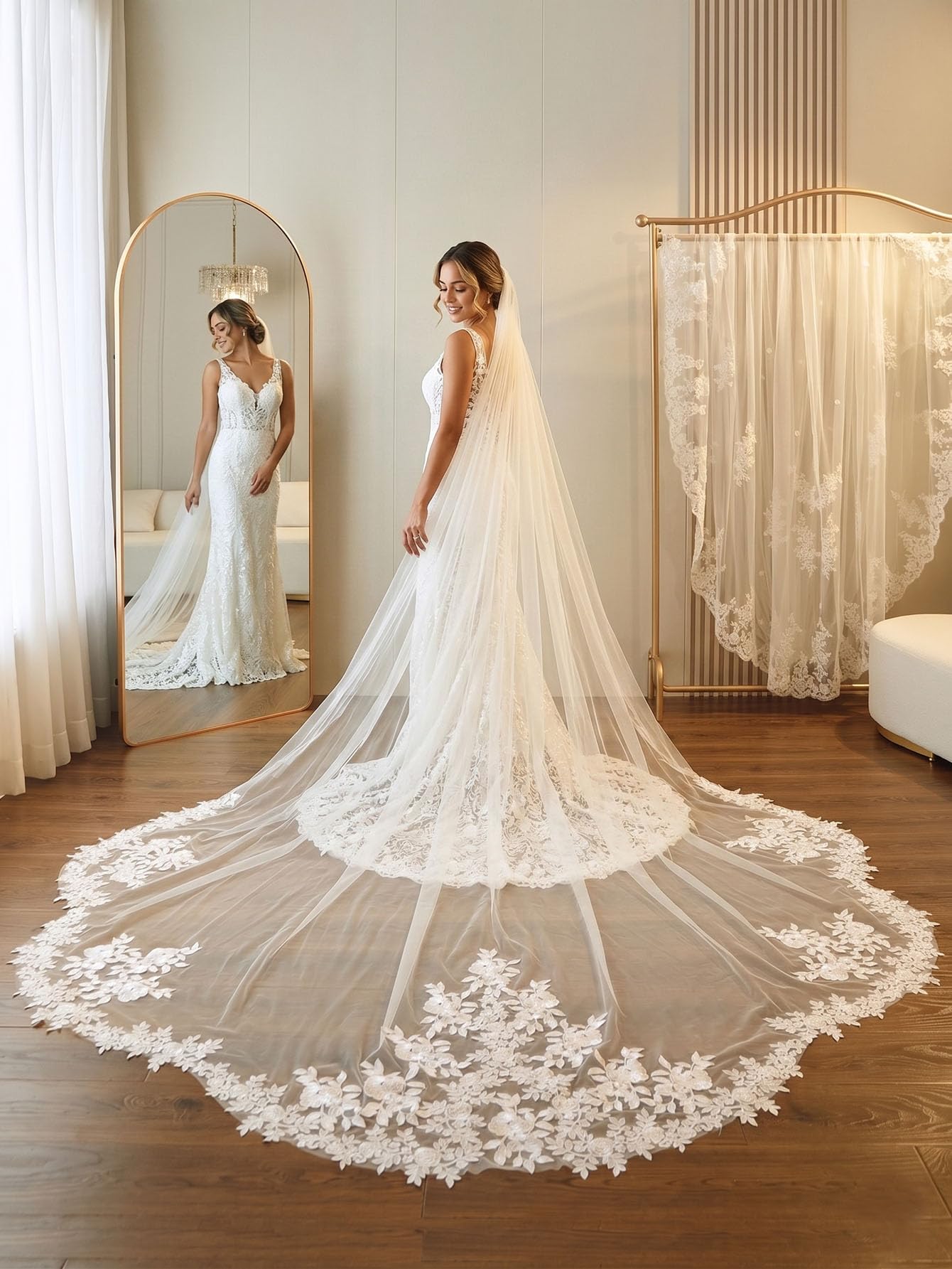 EllieWely Velo da sposa lungo in pizzo a 1 piano, lunghezza cattedrale, F17, bianco, 3M*3M (118 inch)