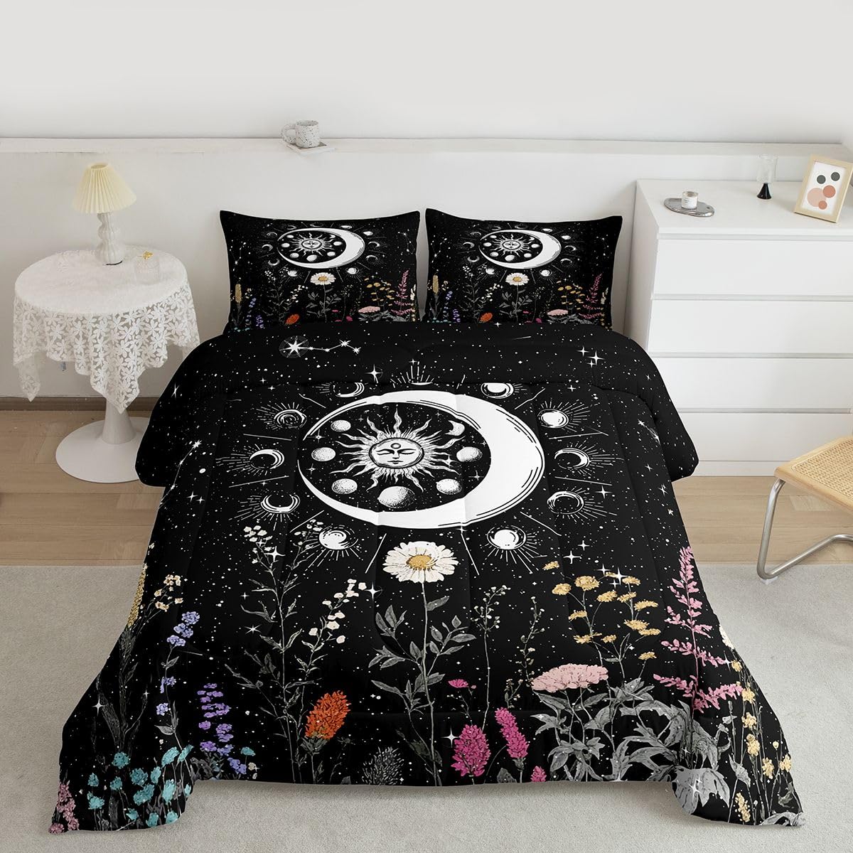 Feelyou Sun Moon Kids Comforter Set Stars Space Psychedelic Comforter Boys Teens Black and White Queen Size Galaxy Bedding Set Botanical Branches Constellations Decor Quilt Set with 2 Pillowcases