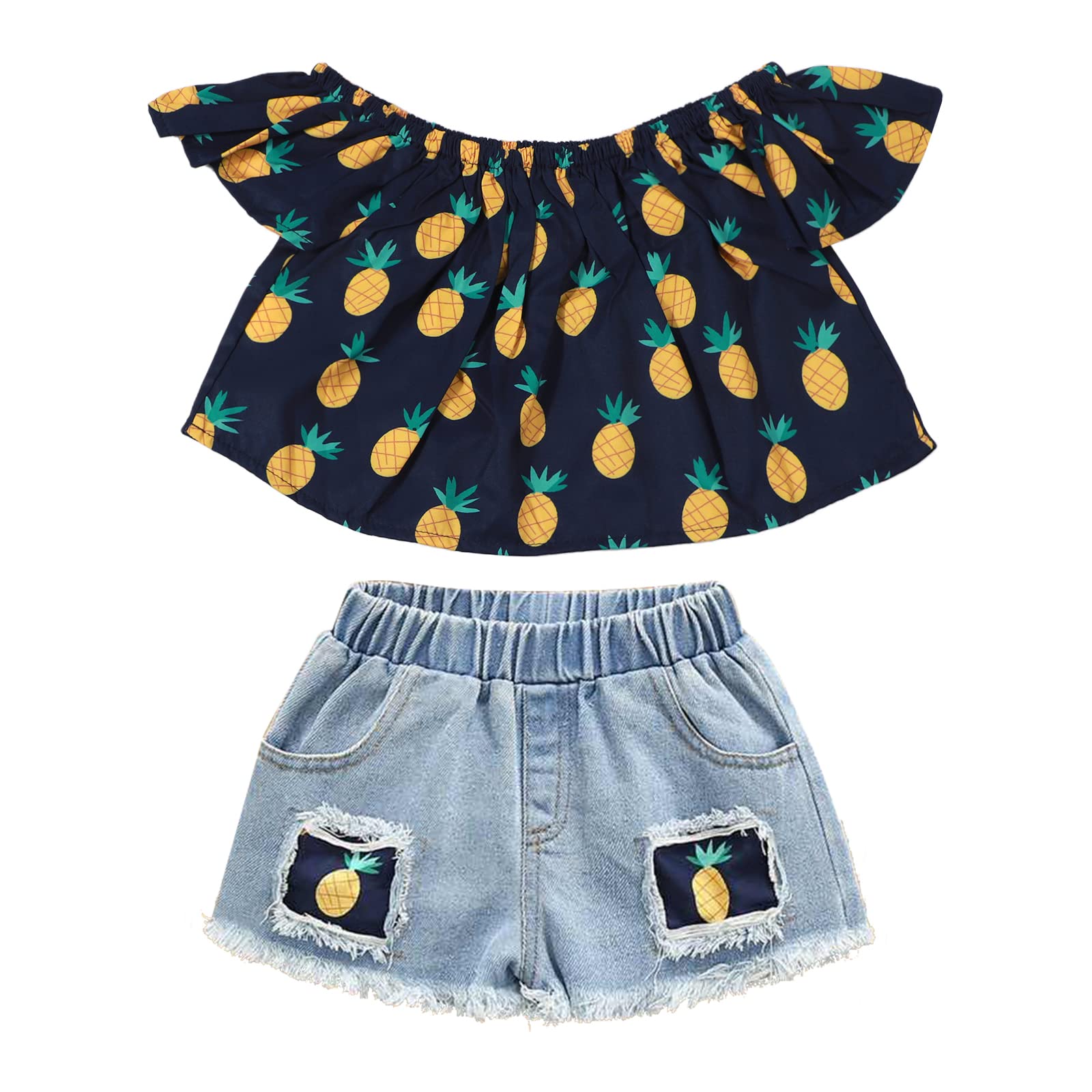 QLIPINBaby Girls Summer Clothes Outfits Toddler Girl Flower Outfit Ruffle Camisole Tops and Jeans Shorts Kids Clothing Set