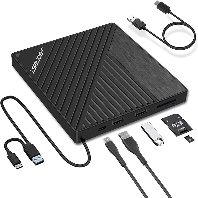 JBonest External DVD CD Drive USB3.0 Type C with SD/TF Card Reader Portable Disk Burner Player Writer Low Noise High Speed Data Transfer for Laptop, Desktop, Mac, Windows