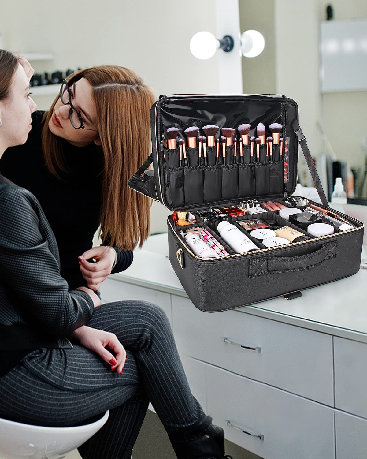 Relavel Extra Große Makeup Tasche Leder Reise Makeup Zug Tasche Professionelle Makeup Künstler-Tasche Tragbare Nagel-Organizer Box Kosmetikkoffer mit Verstellbaren Trennwänden Befestigung am Trolley