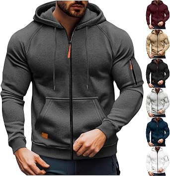 Full Zip Up Hoodie Men Drawstring Hooded Fleece Jacket Casual Long Sleeve Pullover Sweatshirts with Zip Pockets