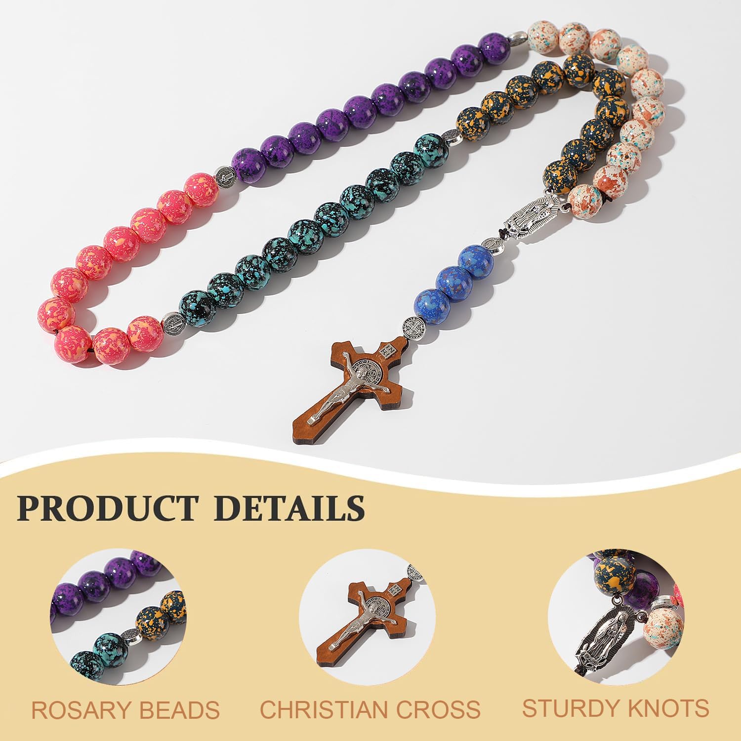 Handmade Lacquer Beads Catholic Rosary - Glossy Non-Tarnish Beads w/St. Benedict Medal & Cross, First Communion Gift, Car Mirror Decor, Christian Prayer Beads, Catholic and Christian Gift - Image 3