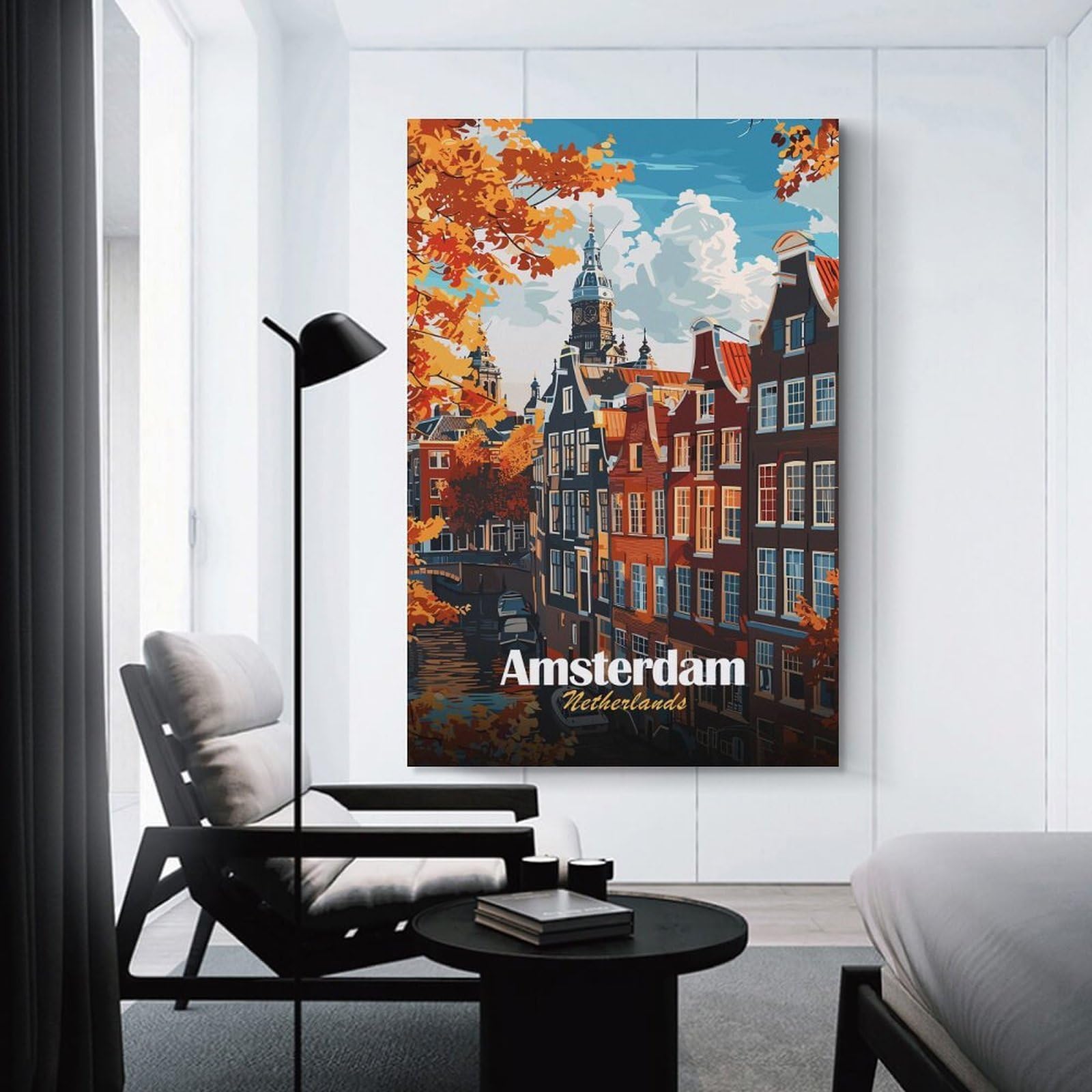 Junmoney Wall Art Print Amsterdam Netherlands Autumn Cityscape Illustration, 20x30inch(50x75cm), for Contemporary Homes, Apartments Or Offices, An Easy Choice for New Home Styling
