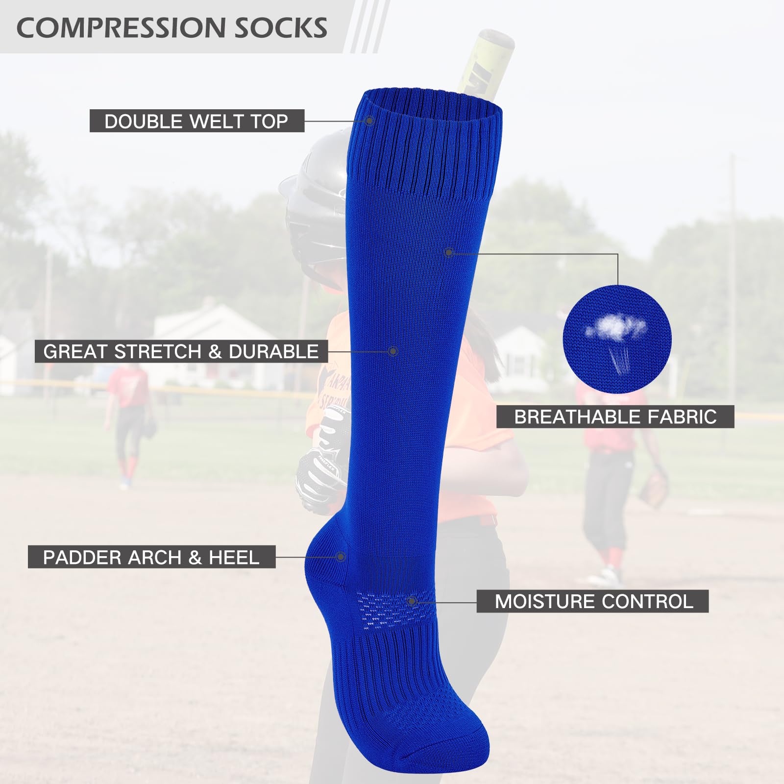 American Trends Calcetines de sóftbol para niñas con puntadas, 3 pares de calcetines de sóftbol atléticos para jóvenes calcetines de béisbol de fútbol, Azul, Large