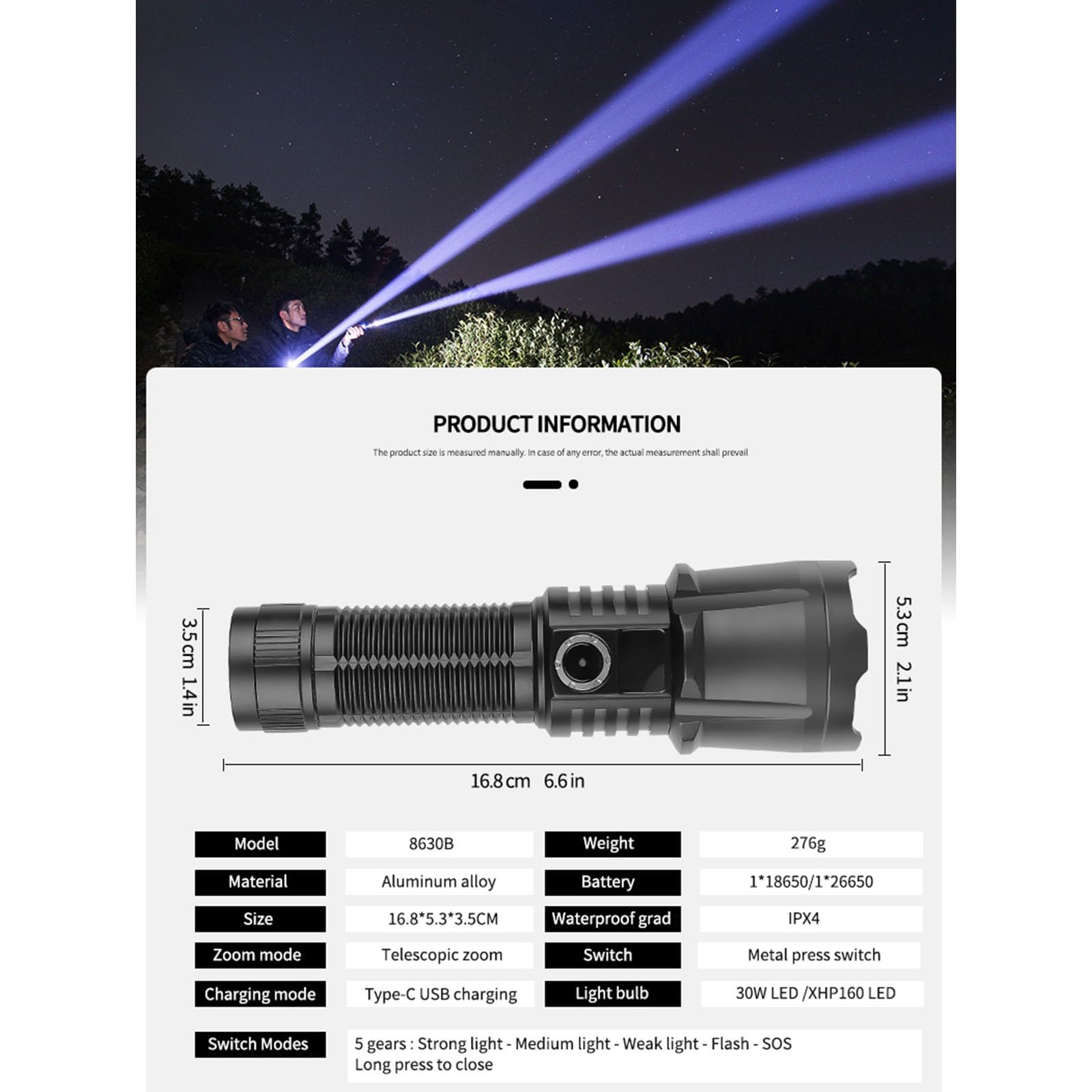 "Super jasna latarka LED do ładowania - potężna ręczna latarka do użytku na zewnątrz, ładowanie USB, regulowana ostrość - idealna na kemping, wędrówki i nagłe wypadki" (rozmiar: 1 x 26650)