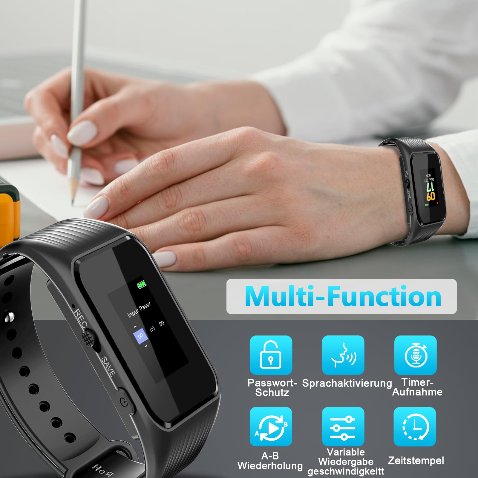 64GB Armband-Diktiergerät – Passwortschutz, EIN-Knopf-Aufnahme, 1536KB HD-Zeitgesteuerte Aufnahme, Sprachaktivierter Aufnahmegerät mit DSP-Rauschunterdrückung für Meetings Interviews Klassen
