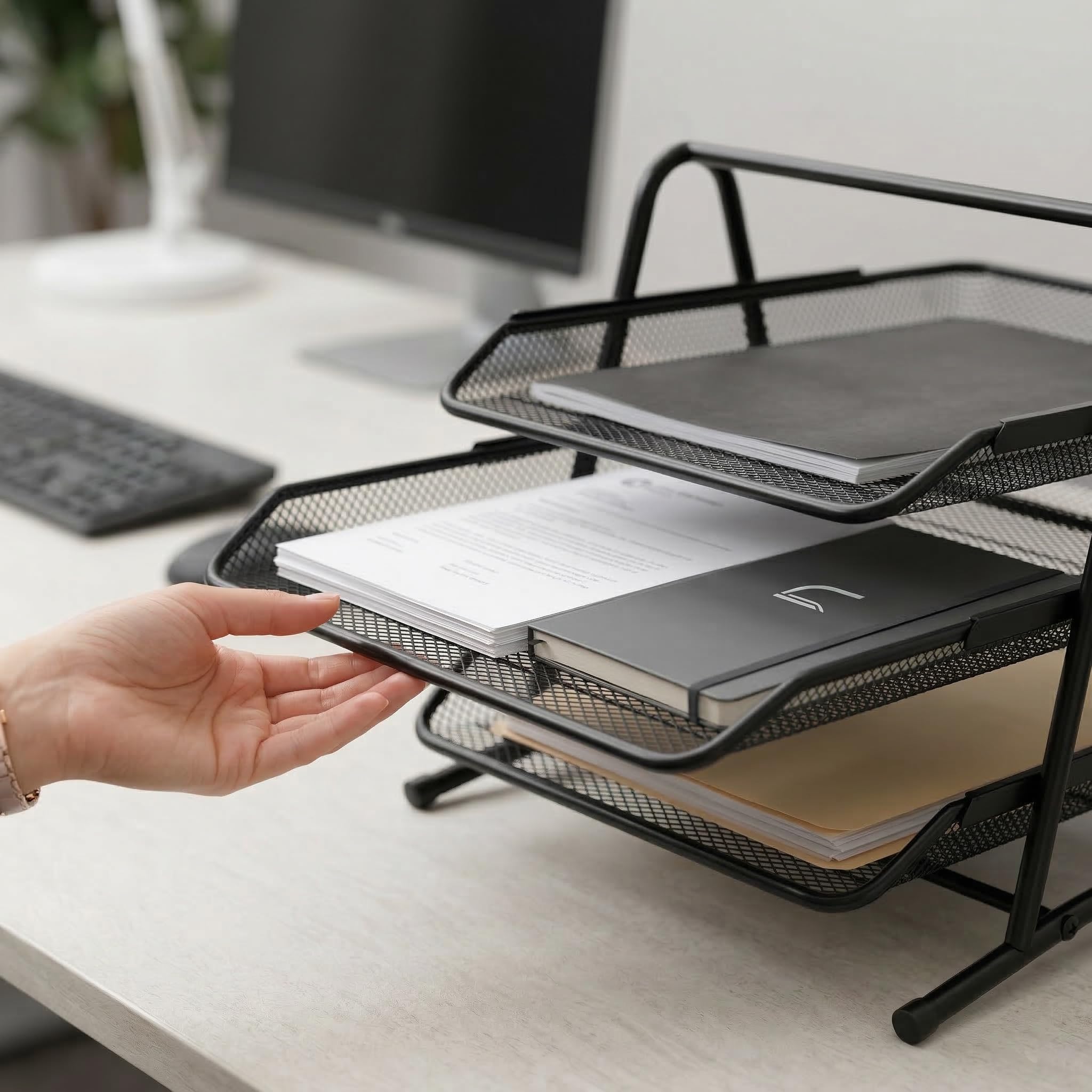 D.RECT KOMO Portadocumenti da Scrivania 3 Scomparti Metallo Rete Organizer A4 Estraibile 350x297x275 mm