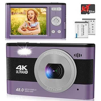Digital Camera 4K 48MP Kids Camera with 2.8 inch IPS Screen, Portable Compact Point and Shoot Camera for Kids Beginners,Students,Teens with 32GB Card and 2 Batteries (Purple)